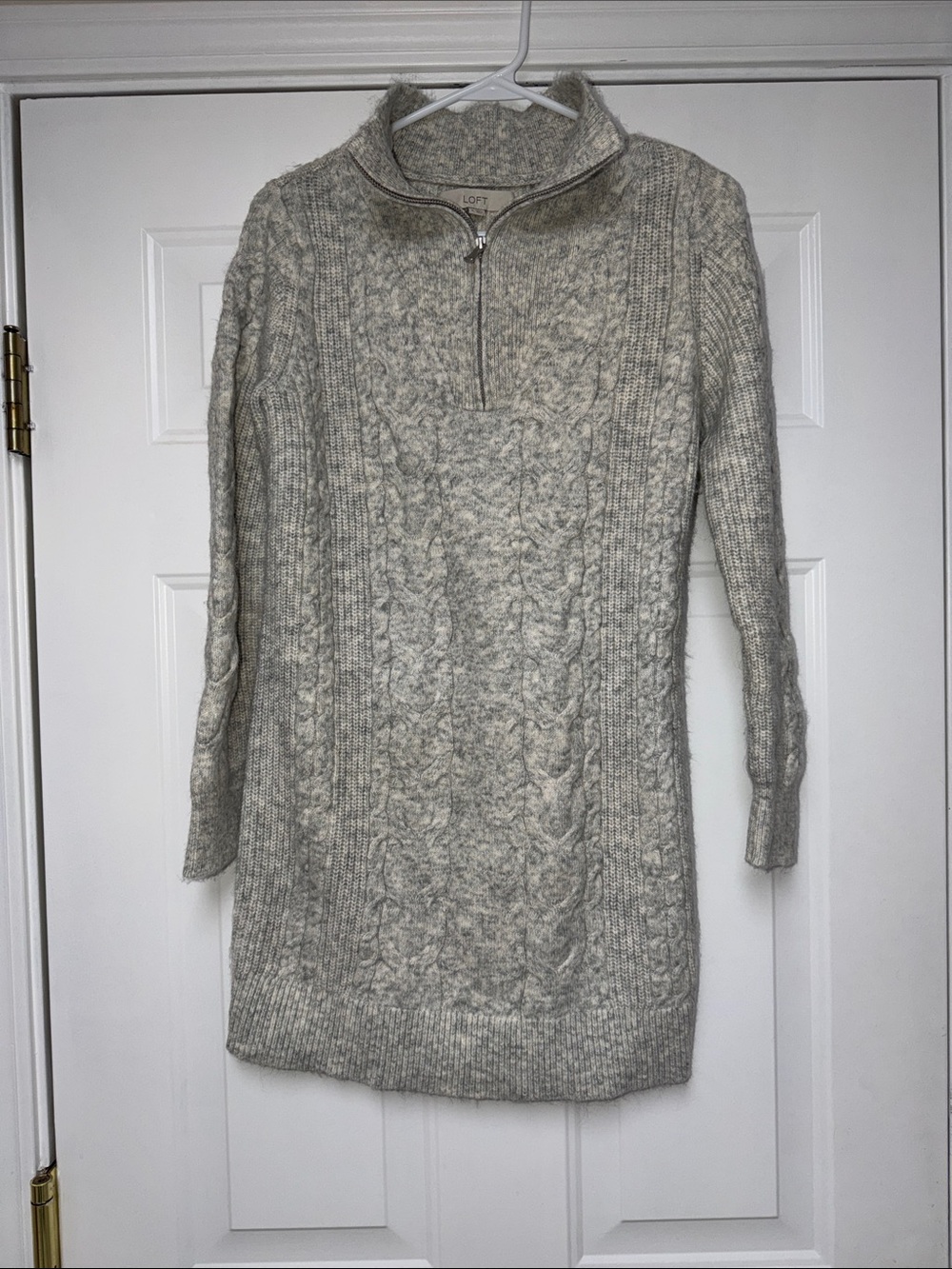 NWT LOFT Light Heather Gray Cable-Knit Half-Zip Sweater Dress